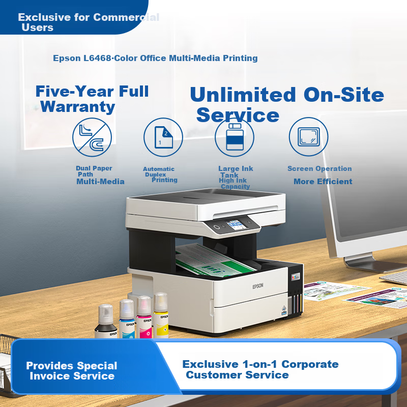EPSON L6468 Ink Tank Color Professional Office Printer with 5-Year Full Warranty, Unlimited On-Site Repairs, Duplex Printing/Scanning/Copying, Dual Paper Feed, WiFi Mobile Remote