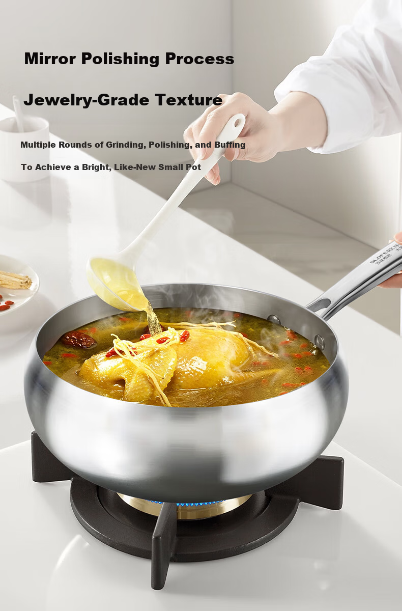 OLOFE 316L Stainless Steel Thickened Large Belly Wok Old Guandong Seventh Generation Mirror Finish No Coating Hammered Small Stir-Fry Pan 24cm 3