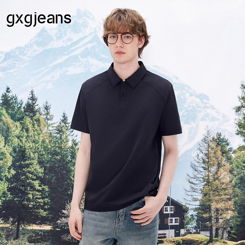 Gxgjeans Men's Shoulder Panel Simple Commuter Lapel Short Sleeve Polo Shirt 26 Summer New Black 170/M