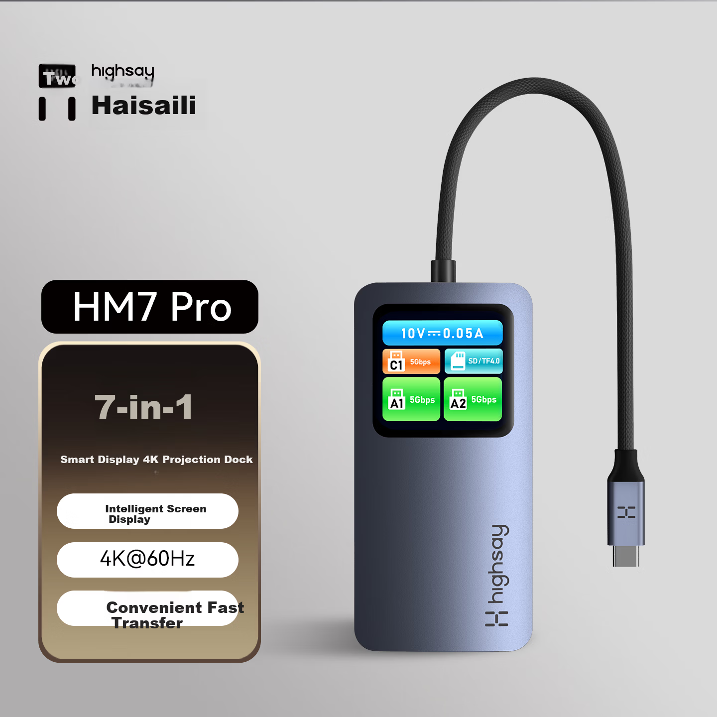 Highsay HM7 PRO Screen Display Type-C Docking Station HDMI 4K Expansion Hub for Apple MacBook iPad with SD/TF Dual Card Reader Adapter