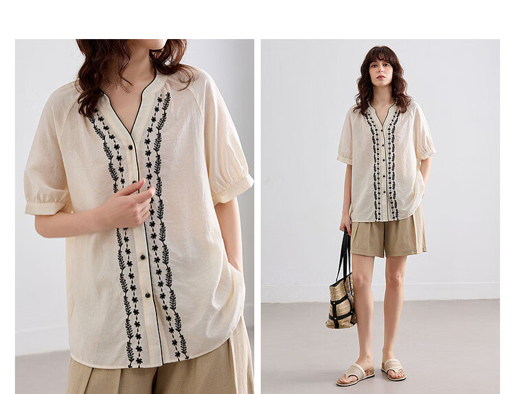 Demana Ethnic Style Color-Block Embroidered Shirt Women Summer New Literary V-Neck Loose Short Sleeve Top 7