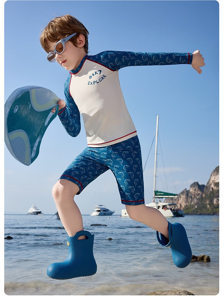 ASK JUNIOR 【Sun Protection & Chlorine Resistant】Quick-Dry Children's Two-Piece Swimsuit with Swim Cap Summer Boys' Professional Training Wear for Older Kids 15