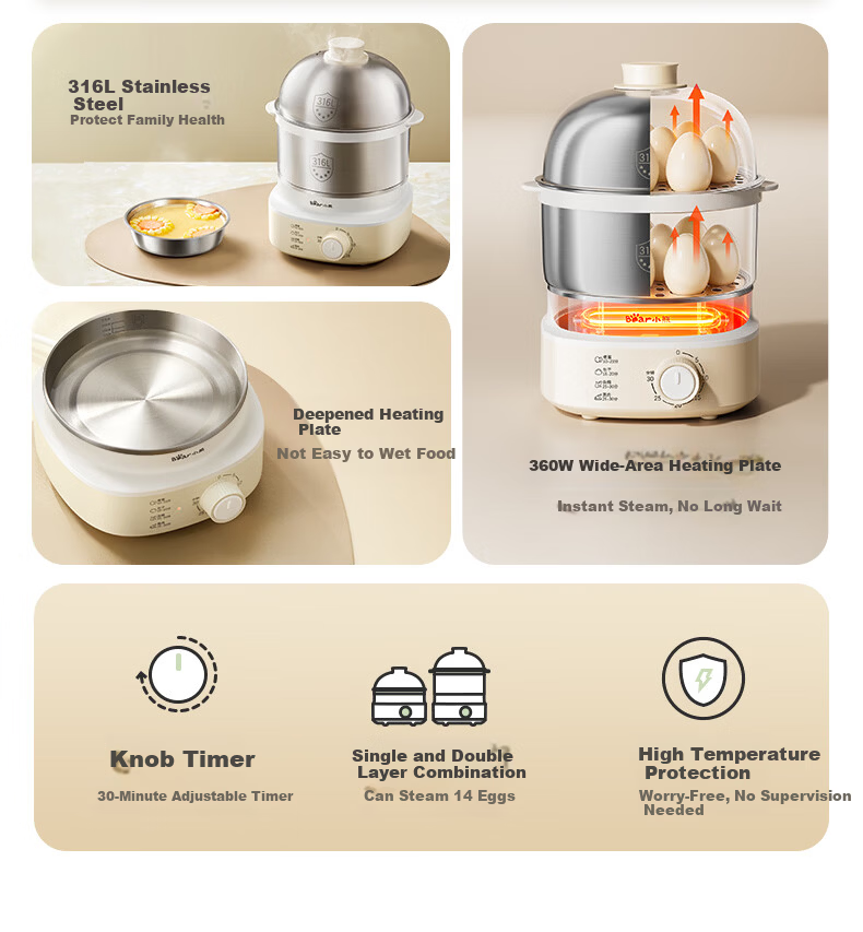 Bear Electric Egg Cooker Steamer 316 Stainless Steel Auto Power-Off Double Layer Multifunctional Breakfast Egg Cooker ZDQ-Y14F3 3