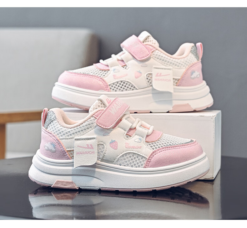 Warrior Kids Low-Top Breathable Summer Sneakers Girls Strawberry Princess Shoes Big Kids Single Mesh WZ-2095 White Pink Size 27 4