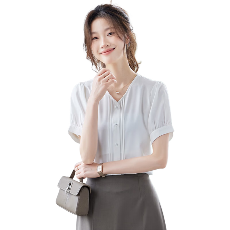 Jeanswest Women's V-Neck Short Sleeve Shirt Summer Elegant Commuter Casual Simple Cardigan Top Apricot M