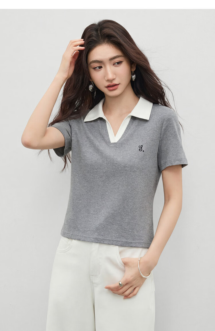 Shangdu Bila Korean Style Simple Cotton Blend T-Shirt Women Summer Polo Collar Color-Block Embroidered Casual Top Stretch Striped Short Sleeve Inner Wear 13