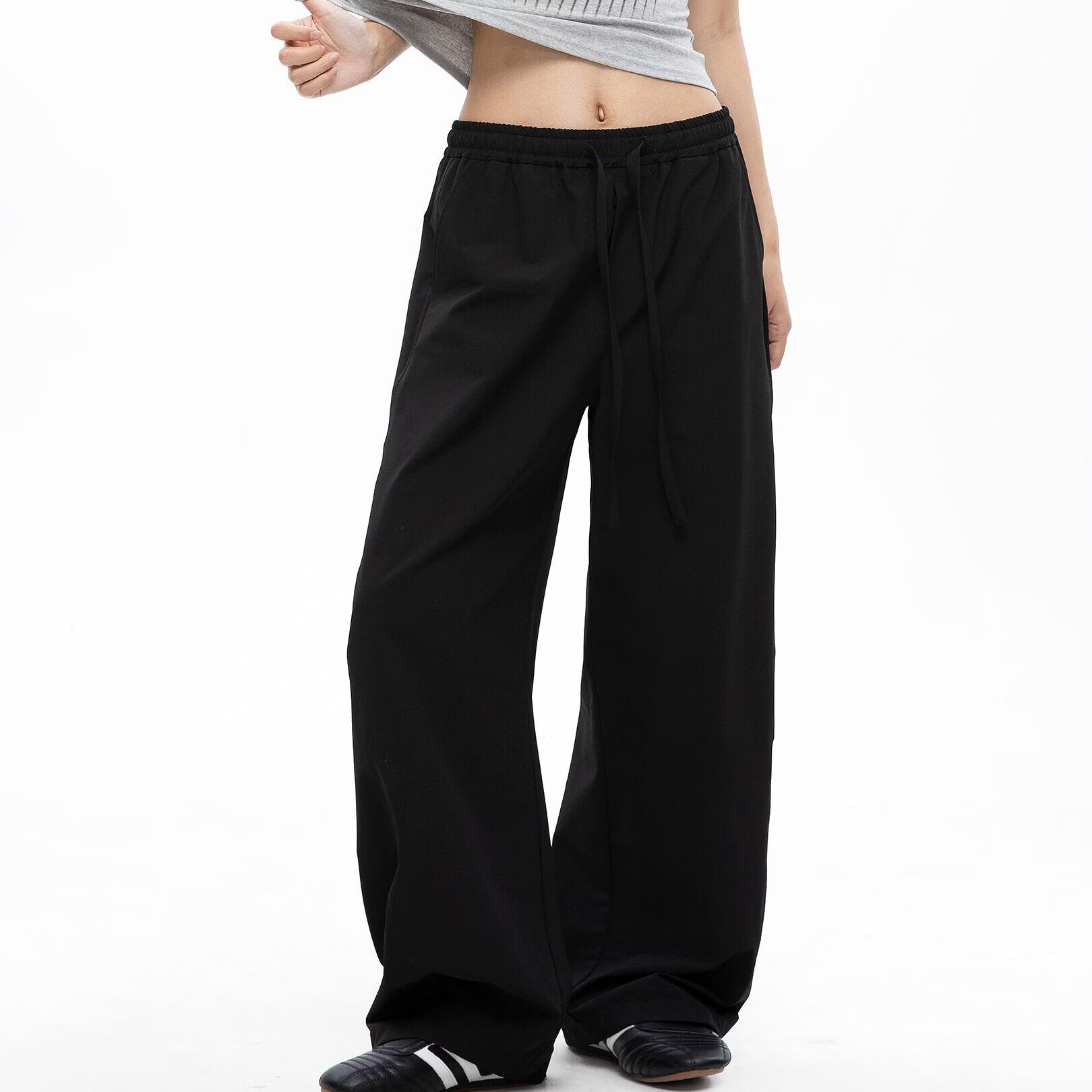 ICH MODE Women's American Style Straight White Pants Summer Loose Popular Cargo Pants Sports Pants Wide Leg Casual Pants Black S