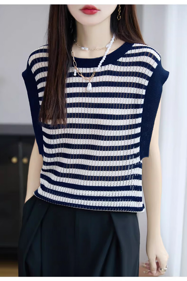 Tingmei Summer Lightweight Ice Silk Knit Vest Women Loose Korean Slim Fit Versatile Sleeveless Striped Fashion Top Innerwear 4