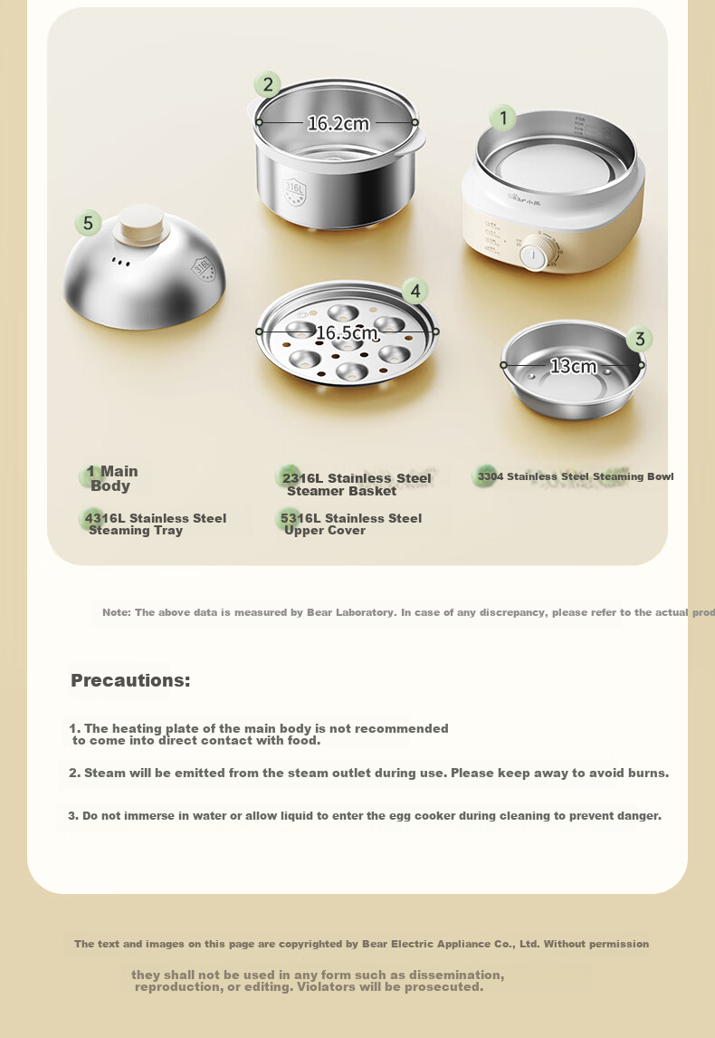 Bear Electric Egg Cooker Steamer 316 Stainless Steel Auto Power-Off Double Layer Multifunctional Breakfast Egg Cooker ZDQ-Y14F3 16