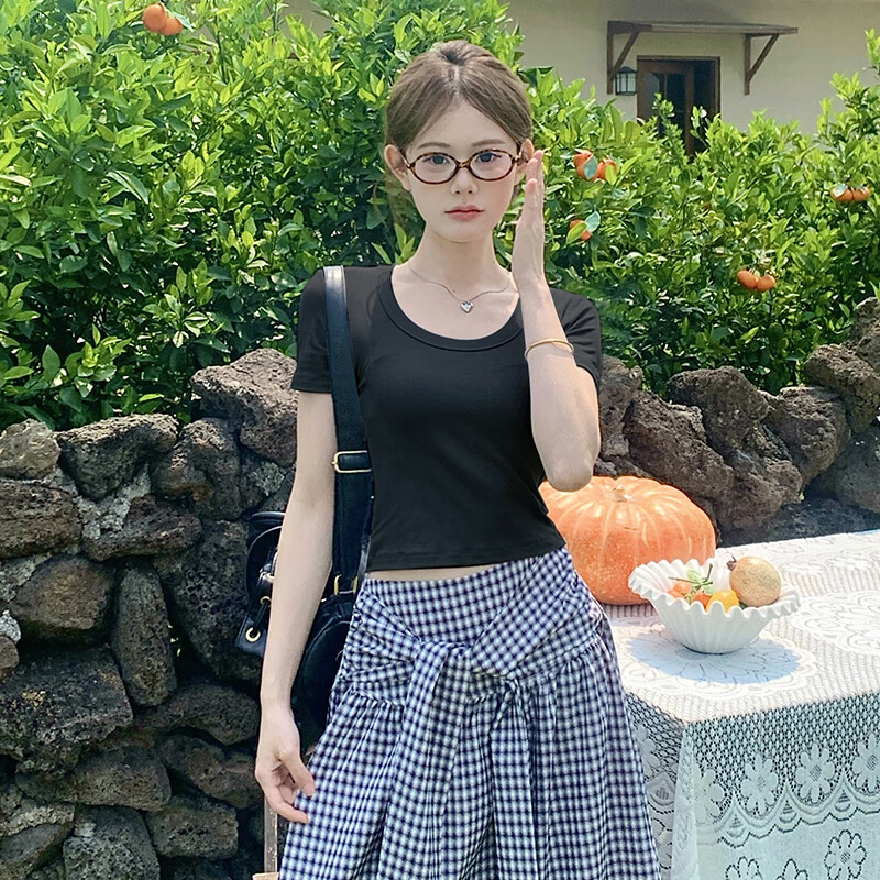 Herbal Original Color Short Sleeve T-Shirt Women Basic White Loose Korean Style Summer 2026 New Round Neck Black Top