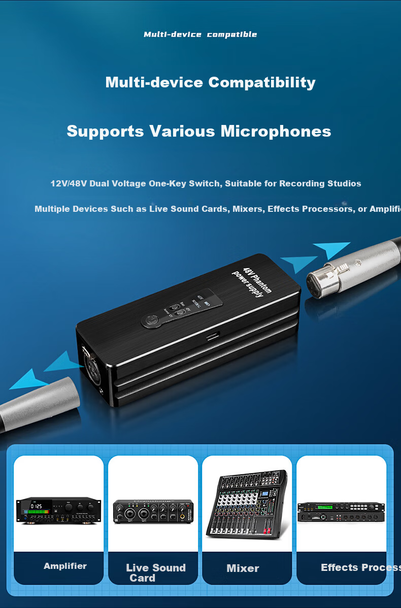 Depusheng 48V Phantom Power Supply Charger Professional Recording Condenser Microphone Audio Interface Power Adapter for Recording Singing Dubbing Large Diaphragm Microphone Stable Buffer Outdoor 12V 3
