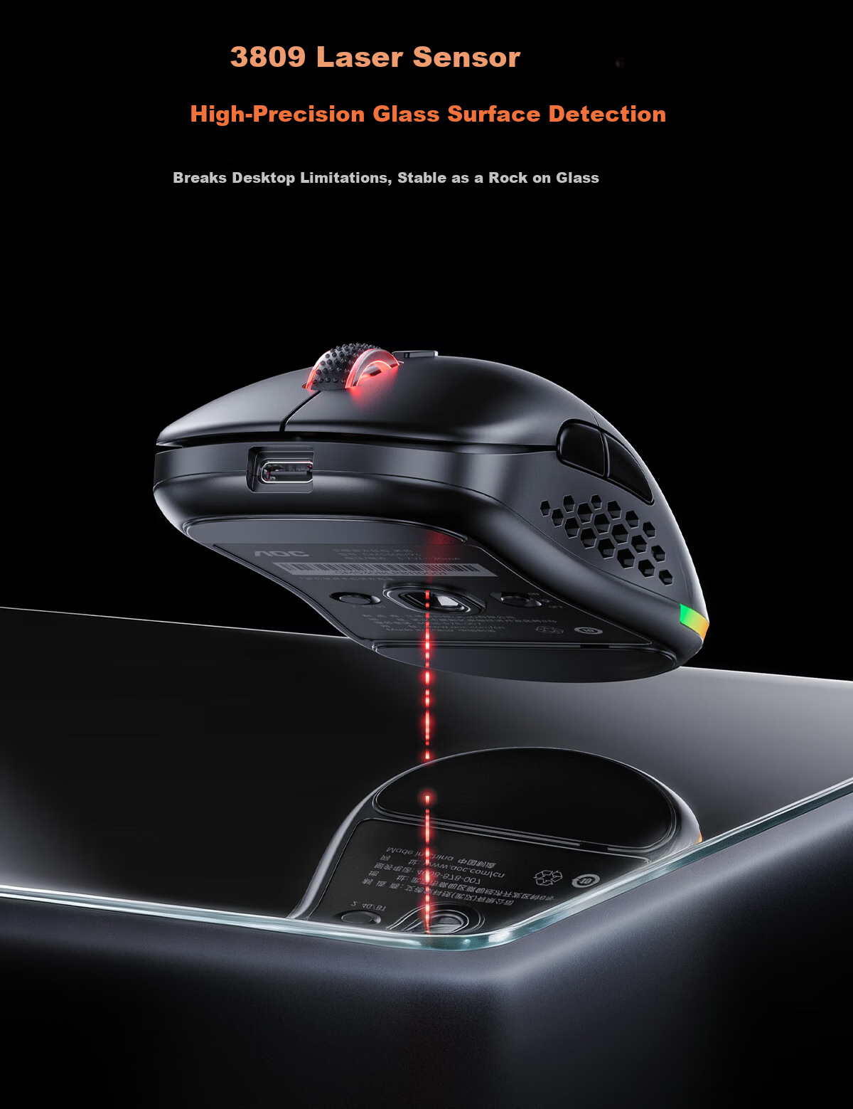 AOC GM530 Wireless Bluetooth Tri-Mode Laser Gaming Mouse RGB Backlit Replaceable Top Cover Left and Right Button Micro Switches White 3