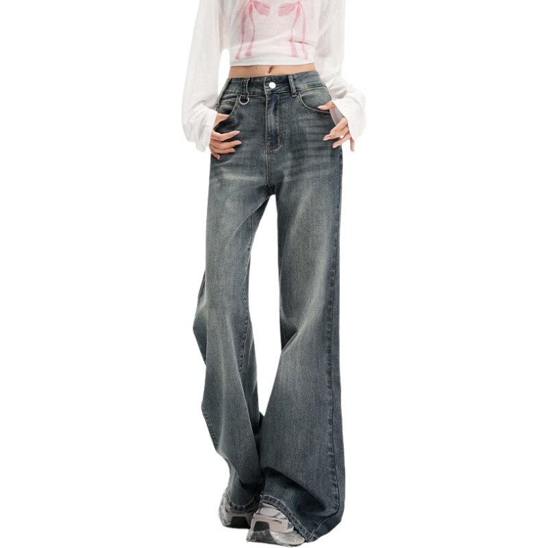 Jeanswest Women's Spring Summer High Street Slim Fit High Waist Straight Wide Leg Flared Floor-Length Jeans Retro Blue M