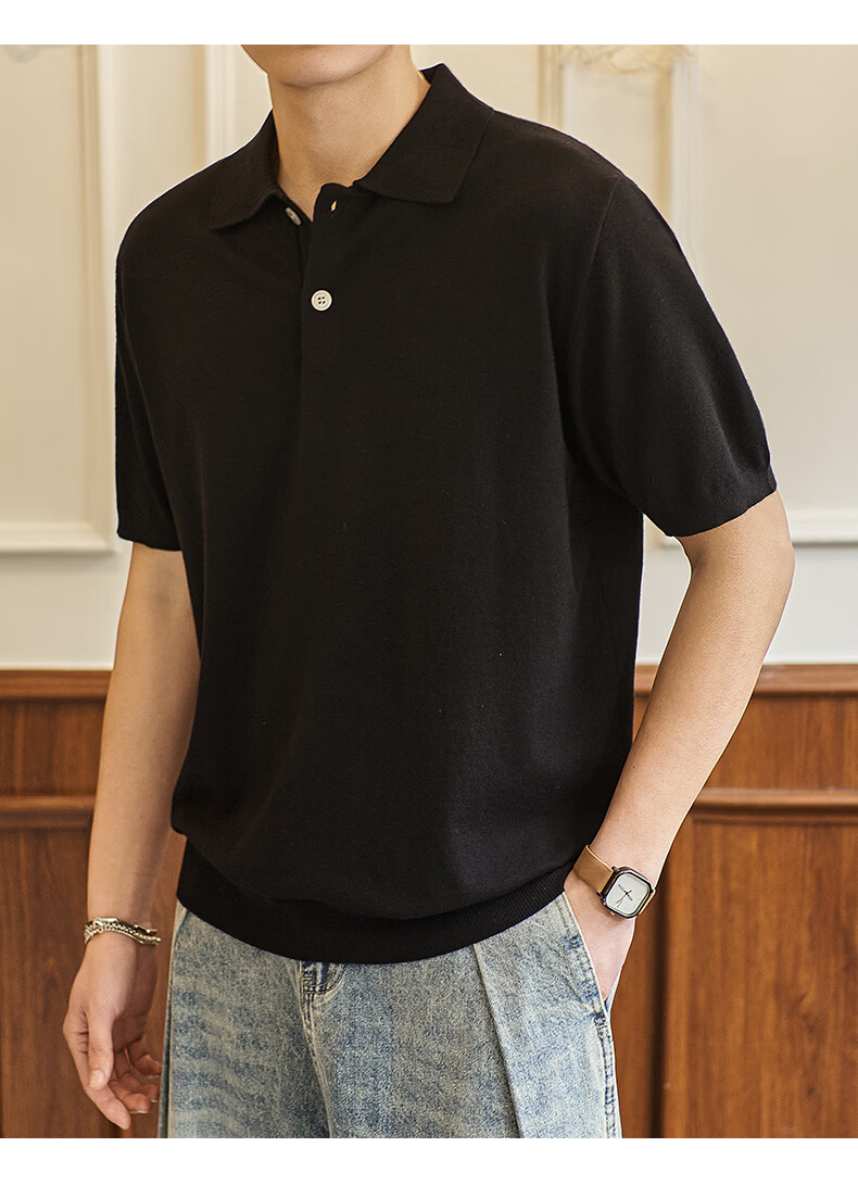 Dingfengbaoluo Vintage Old Coin Style Short Sleeve Men's Summer Luxury Business Polo Knit Casual Shirt KK65 Black 2XL 12