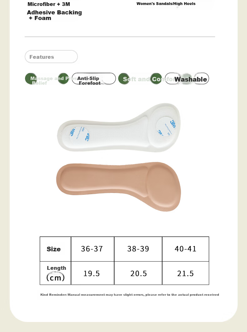 FOOTOPPO Summer Anti-Slip Sweat-Absorbing Self-Adhesive Soft Forefoot Insoles for Sandals, Seven-Point Insoles, High Heels, Long Standing 13