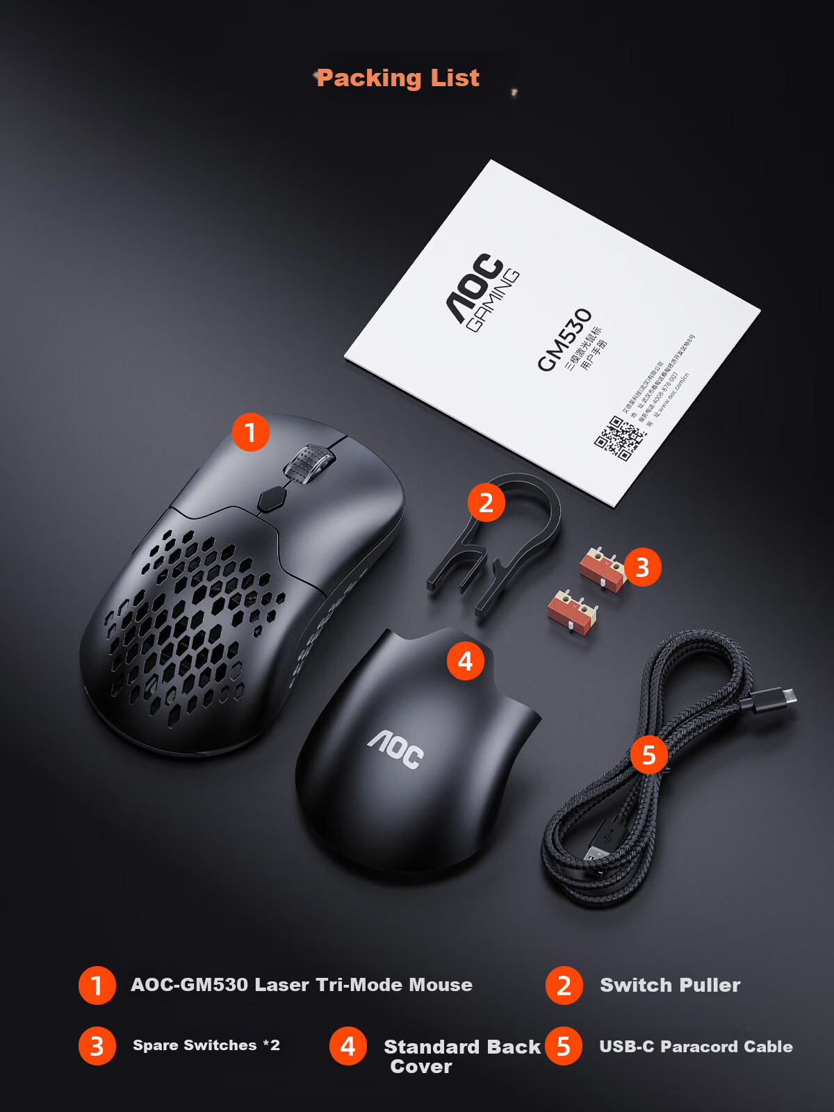 AOC GM530 Wireless Bluetooth Tri-Mode Laser Gaming Mouse RGB Backlit Replaceable Top Cover Left and Right Button Micro Switches White 10