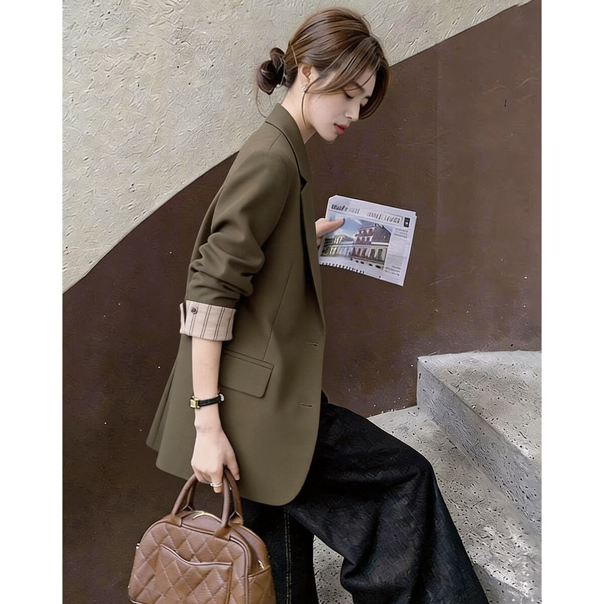 Demana [Legal Lady] Spring Commuter Notch Lapel Striped Color-Block Two-Button Turn-Up Blazer for Women Premium Quality