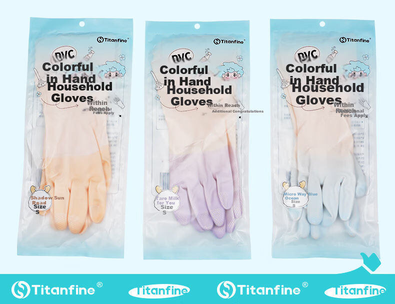 Titanfine PVC Two-Tone Dishwashing Gloves 1 Pair M Size Household Kitchen Cleaning Thickened Waterproof Non-Slip Wear-Resistant Blue 8