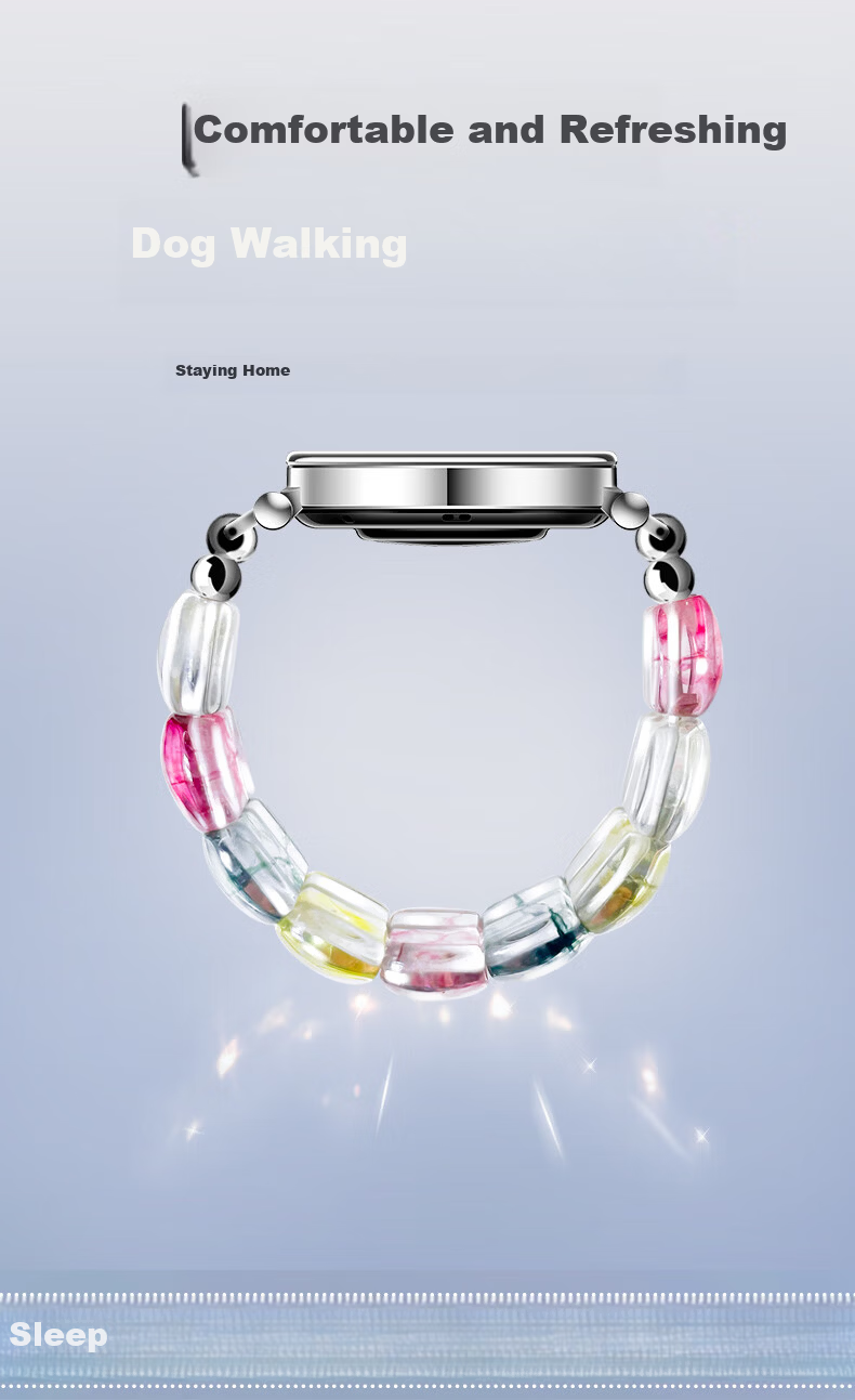 Freeson Artistic Glass Bead Chain Strap for Huawei WATCH GT4/GT5/GT5Pro Creative Dopamine Fashion Ice Crystal Women's 18mm 9-Bead Bracelet 1
