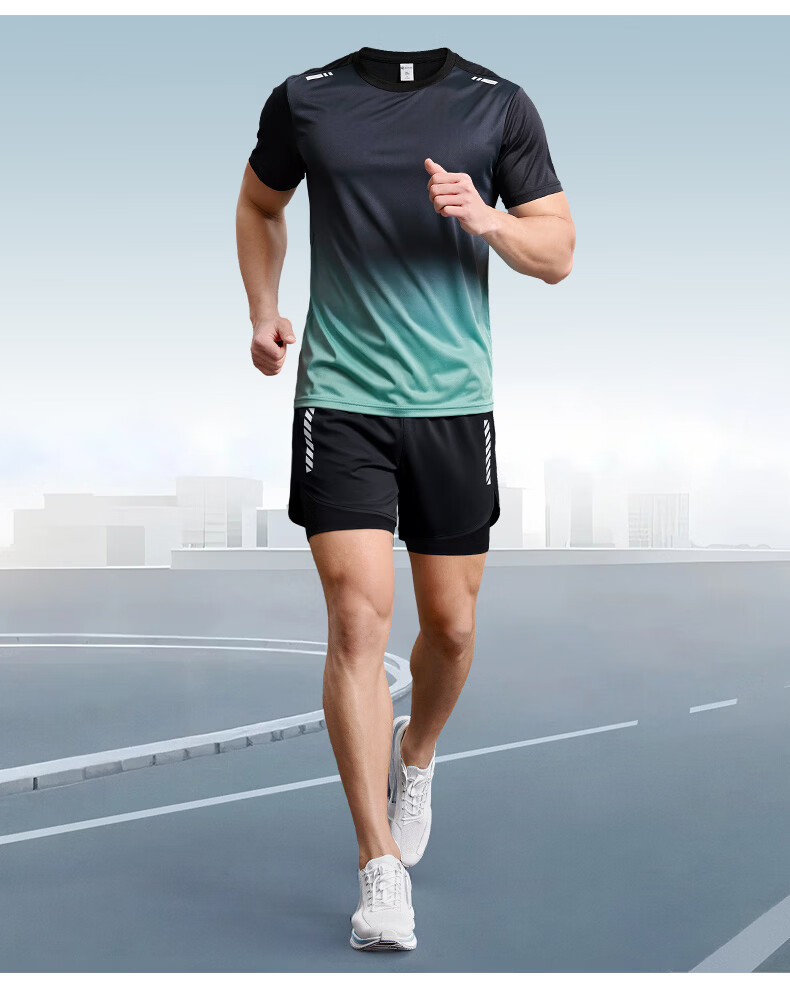 BURUITE Men's Running Sports Set Fitness Ice Silk Marathon Training Badminton Quick-Dry Summer Short Sleeve T-Shirt and Shorts 11