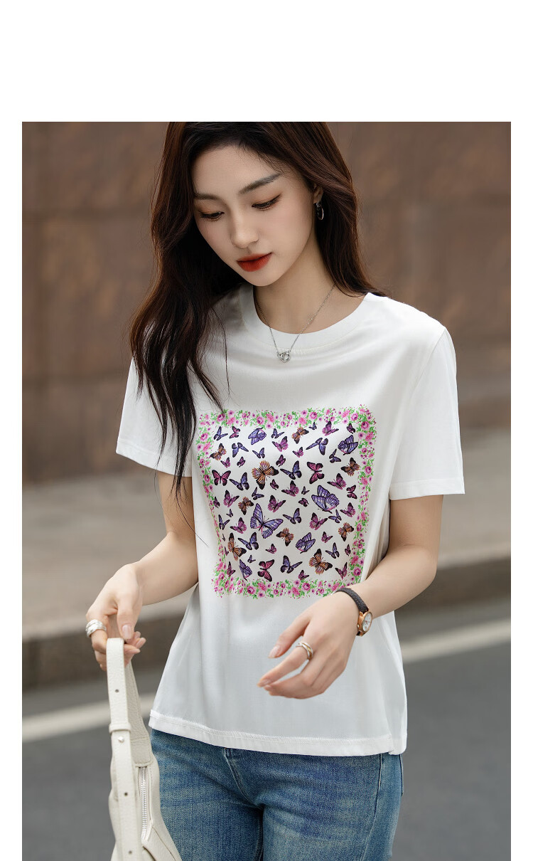 Demana [Cooling Black Technology] Summer Sorona Spliced Mulberry Silk Hand-Painted Print Slimming Concealing T-Shirt for Women Premium 7