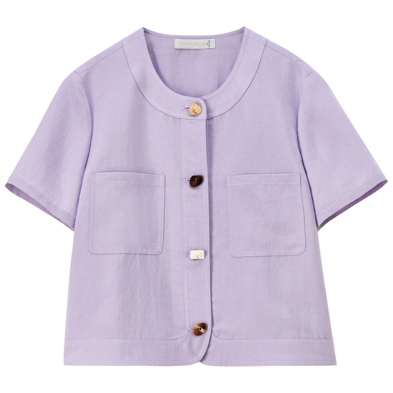 Shangdu Bila Linen Lyocell Jacket Women Spring Summer Petite Round Neck Colorblock Button Short Coat Light Luxury Elegant Cardigan