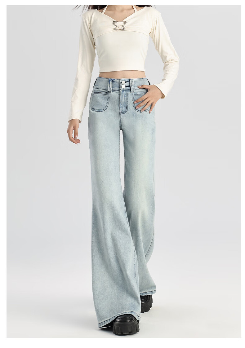 Pierre Cardin Jeans for Women, Summer Casual Slimming Heightening Versatile Fashion High-Waisted Wide-Leg Pants, Vintage Blue, Size L 50