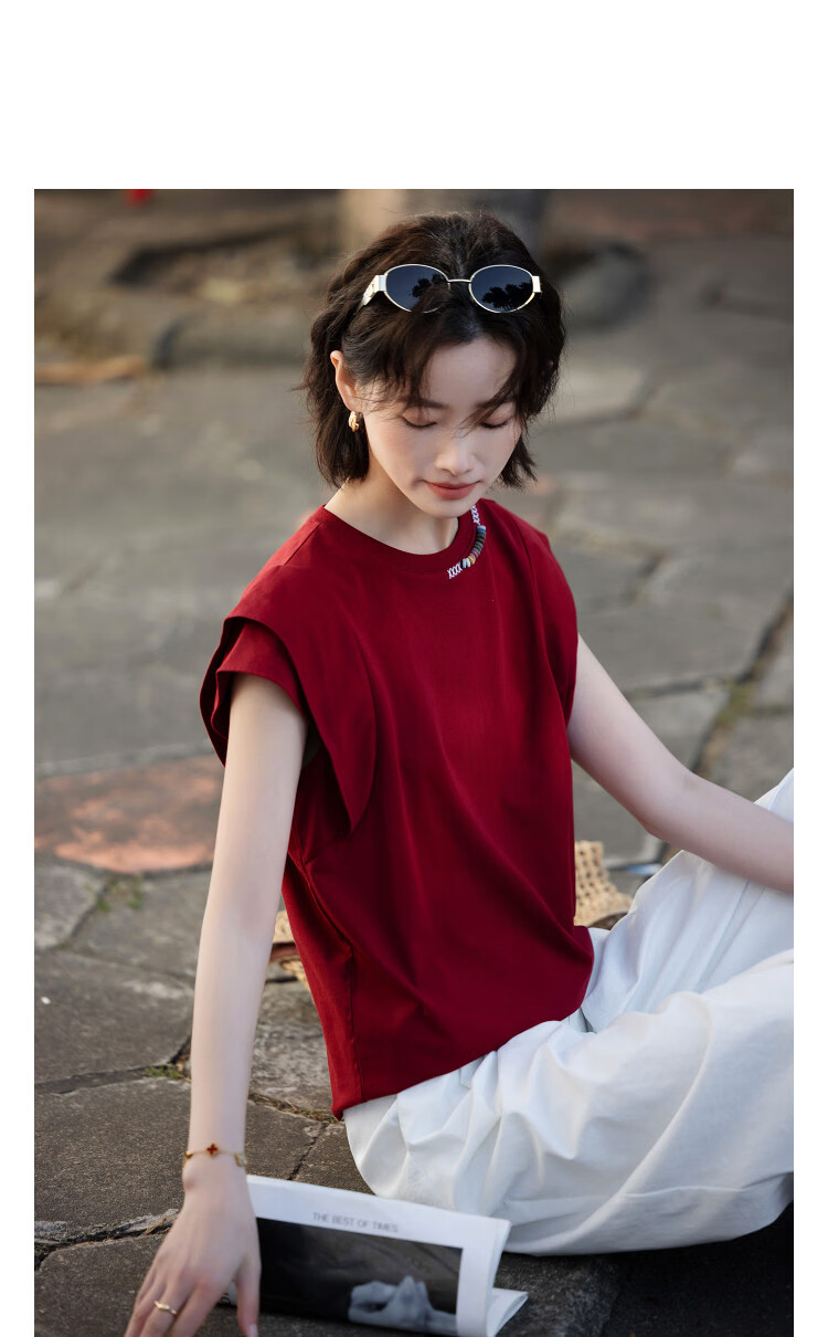 Demana [Cooling Black Technology Sorona] Summer Simple Style Beaded Ruffle Sleeve Slimming Concealing T-Shirt for Women High-End Feel 8