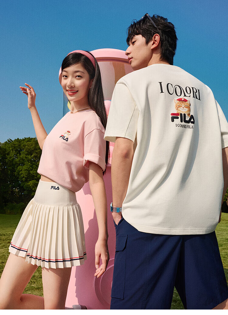 FILA Official 2026 Summer Couple Short Sleeve T-Shirt Casual Loose Fit Cotton Cat Knit Tee 26