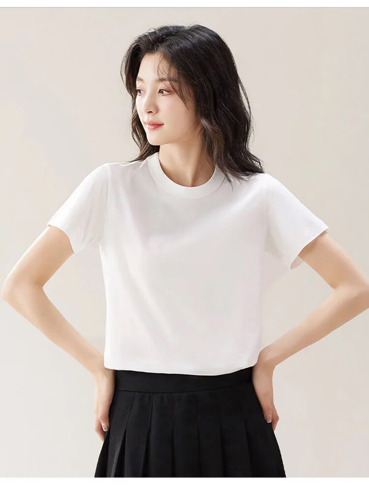 Borui 200g Heavyweight Pure Cotton Crew Neck Basic T-Shirt White Short Sleeve Loose Solid Color Women's Summer Top 16