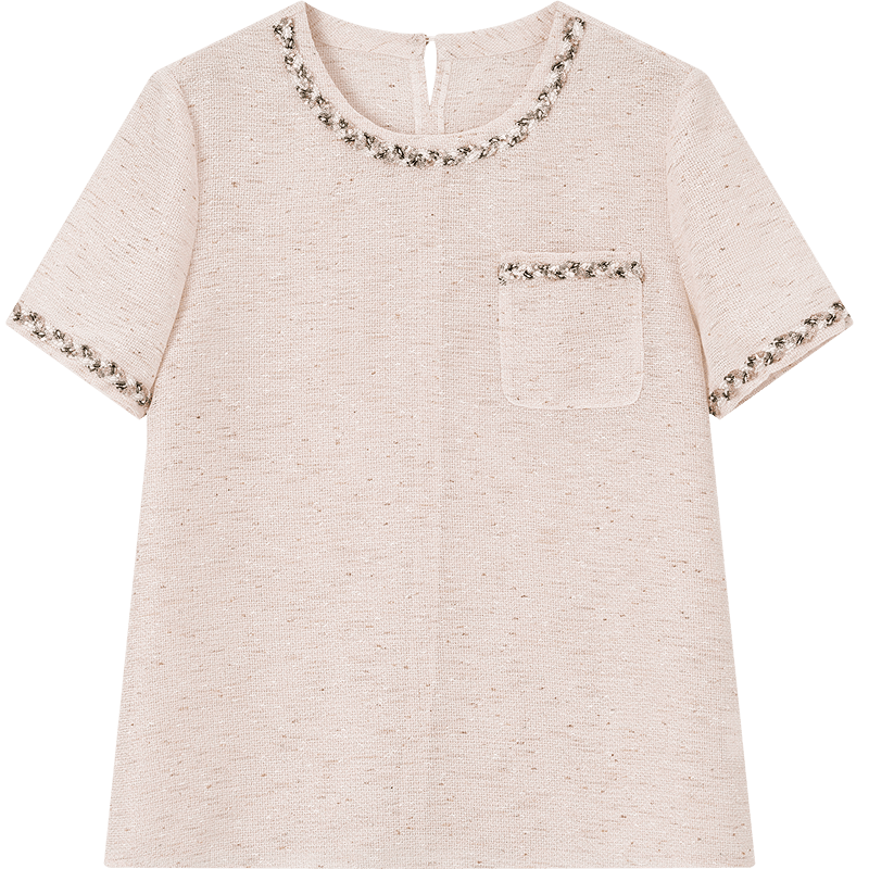 Demana [French Heiress] Summer Little Coco Style Ribbon Round Neck Short Sleeve Loose Slim Fit Petite Shirt for Women High-End Feel