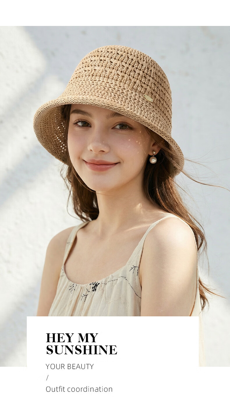 CACUSS Hollow Weave Sun Hat for Women Summer Outdoor Face-Slimming Retro Breathable Bucket Hat Khaki 7