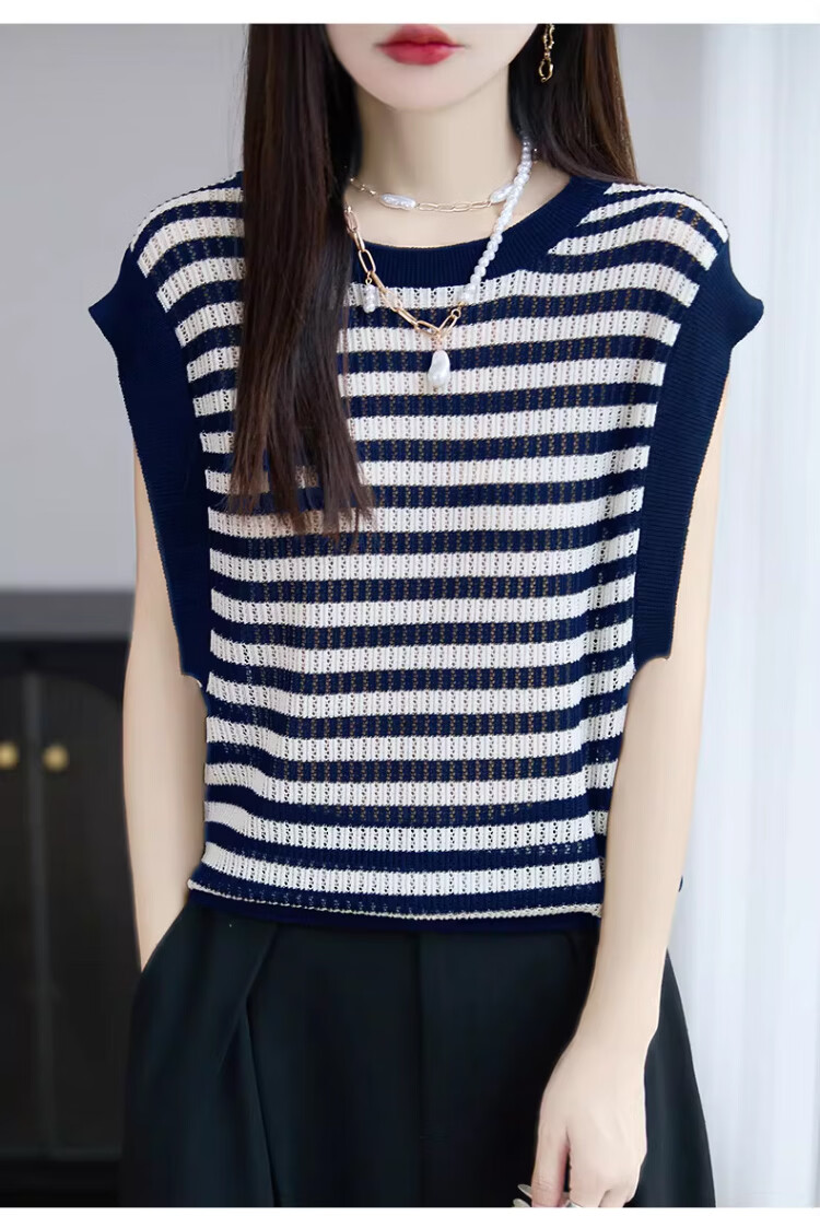 Tingmei Summer Lightweight Ice Silk Knit Vest Women Loose Korean Slim Fit Versatile Sleeveless Striped Fashion Top Innerwear 5