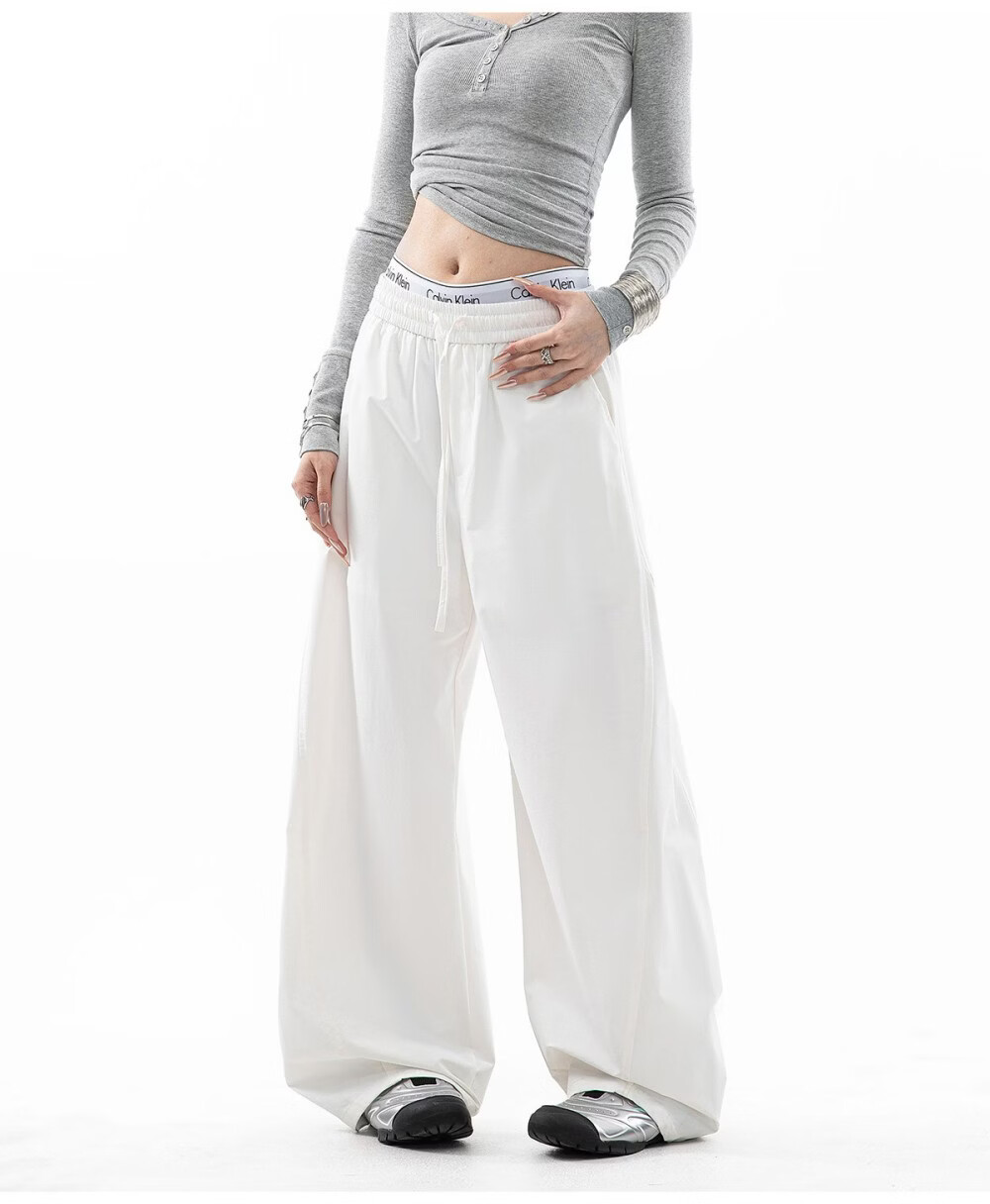 ICH MODE Women's American Style Straight White Pants Summer Loose Popular Cargo Pants Sports Pants Wide Leg Casual Pants Black S 12