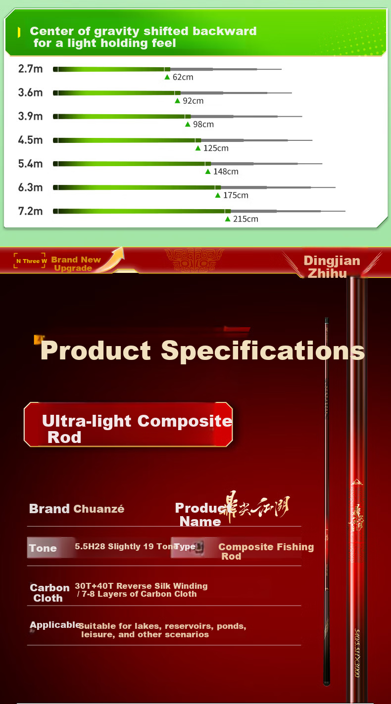 Chuanzé Dingjian Jianghu Lightweight Multi-Purpose Fishing Rod Top Ten Brand Carbon Fiber 6.3m 13