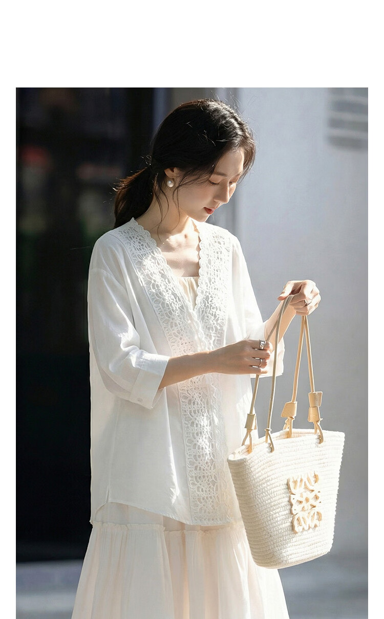 Demana Pure Cotton Breathable Poetic Summer Artistic Fresh Lace Spliced V-Neck Short Sleeve Shirt for Women 9