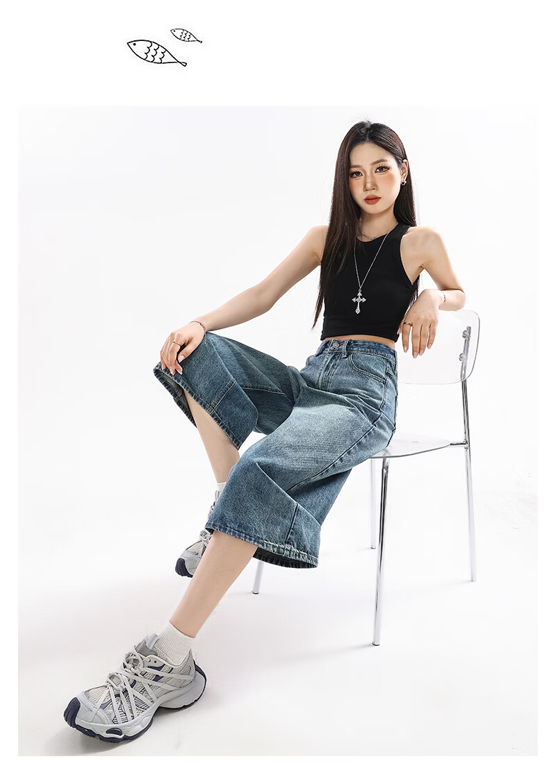 Jeanswest Women's Summer 2026 High-Waist Loose Fit Retro Blue Wide-Leg Cropped Denim Shorts S 13