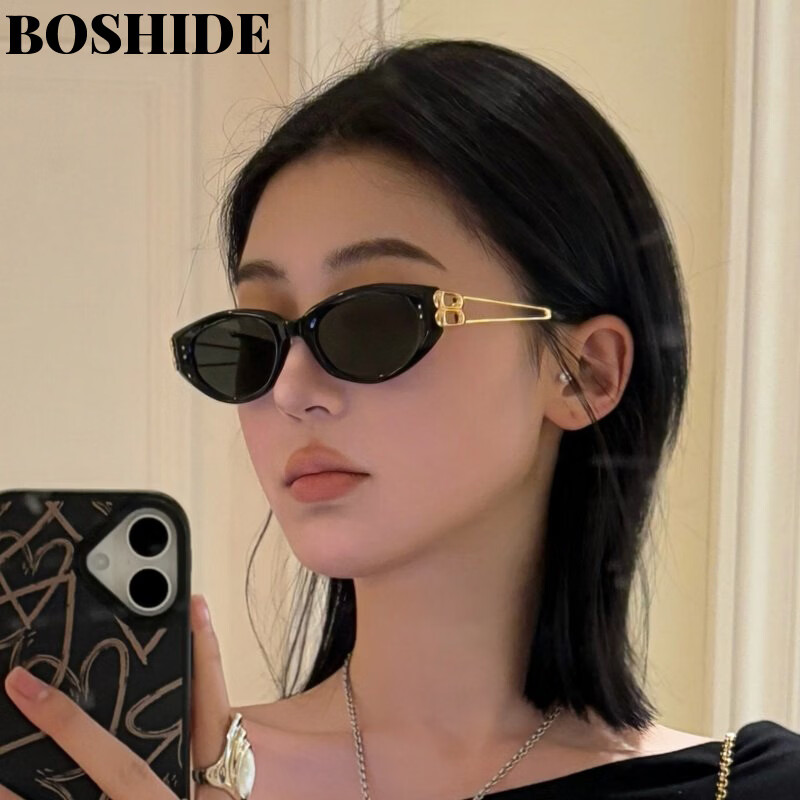 Boshide Polarized Vintage Cat Eye Sunglasses High-End Slimming Square Round Face Black Frame Gold Temples