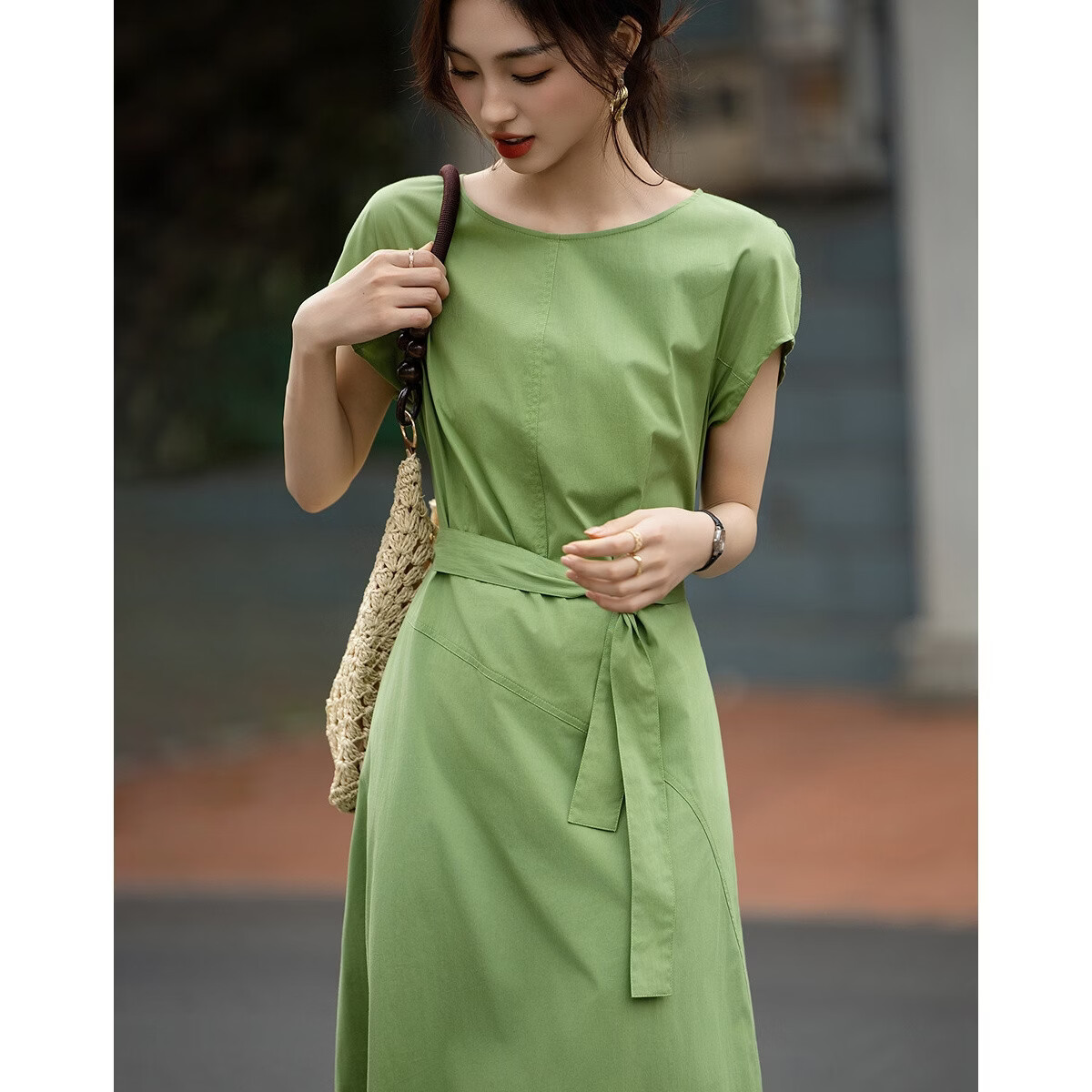 Demana Minimalist Urban Summer Comfortable Cotton-Blend Stretch Round Neck Waist-Slimming Petite Dress for Women High-End Feel