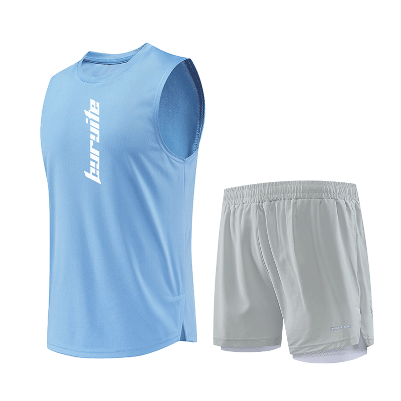 BURUITE Men's Running Sports Set Ice Silk Vest T-Shirt Quick-Dry Loose Marathon Track and Field Training Fitness Shorts