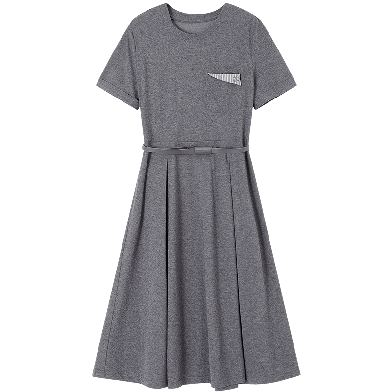 Demana Qingshuang Solona Summer Simple Round Neck Striped Patch Pocket Waist Slimming Dress for Women Premium Feel