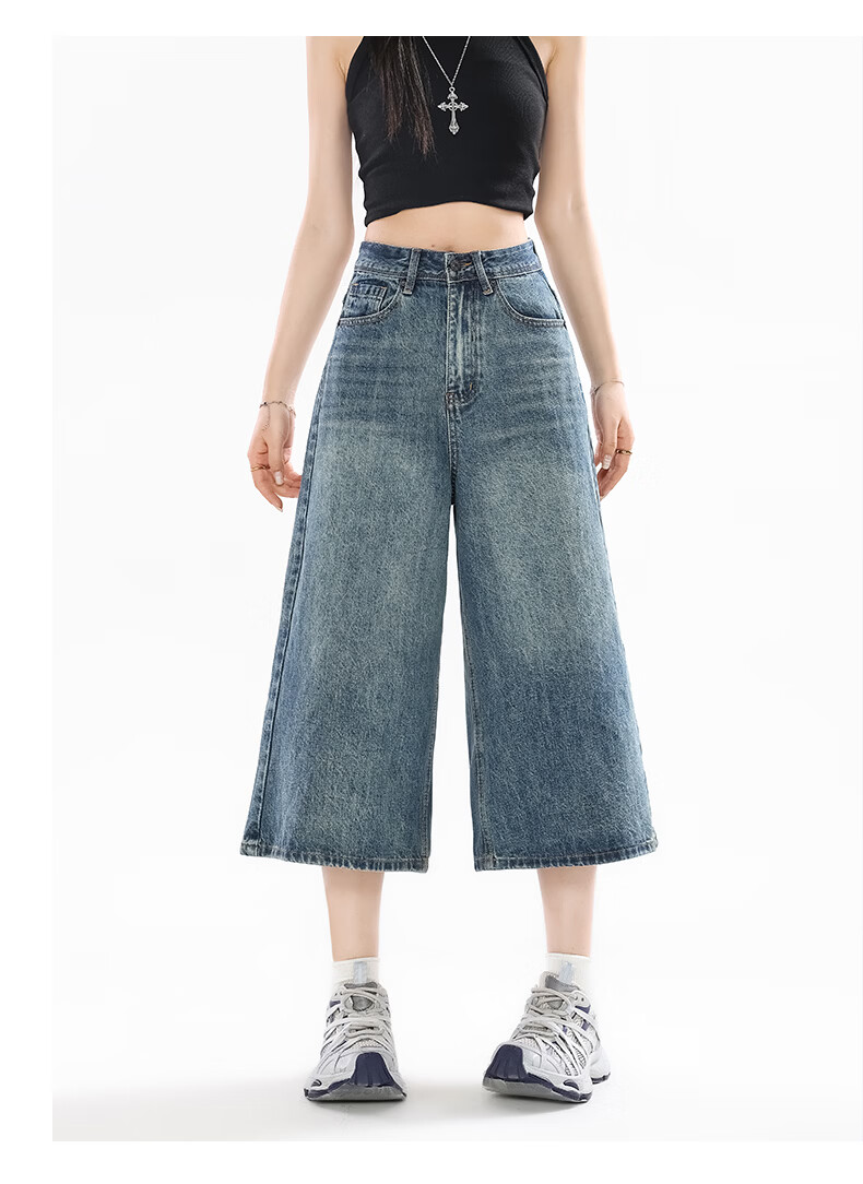 Jeanswest Women's Summer 2026 High-Waist Loose Fit Retro Blue Wide-Leg Cropped Denim Shorts S 19