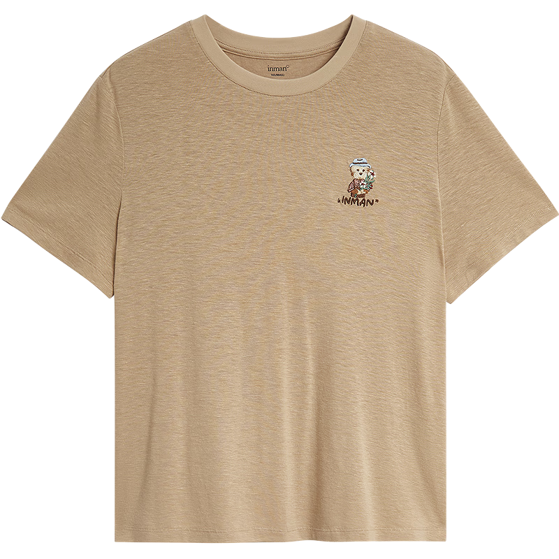 INMAN Acetate Linen Pet Embroidery T-Shirt 26 Summer Women's New Regular Fit Short Sleeve Top Khaki L