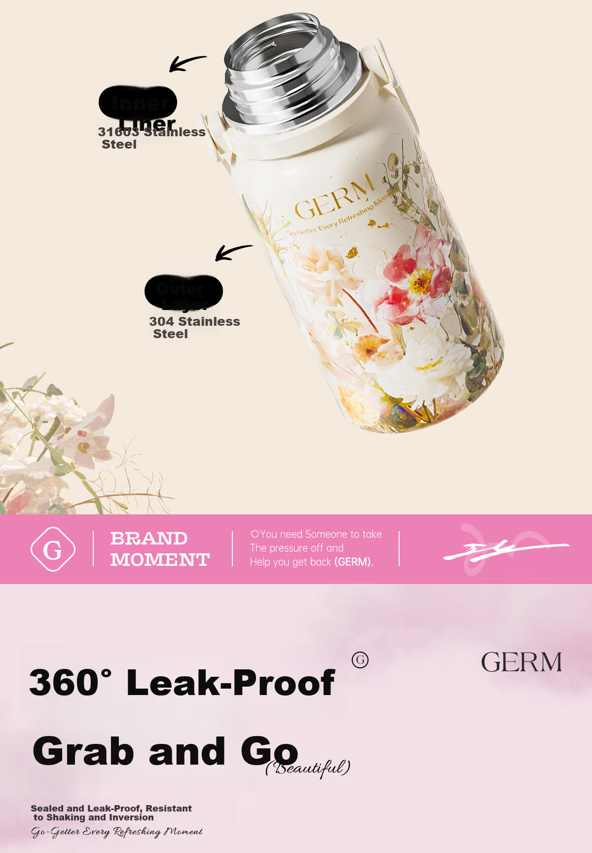 Germ Intangible Cultural Heritage Su Embroidery Insulated Water Bottle Large Capacity Sports Water Bottle Portable Women's Student Cup 800ML Magnolia 16