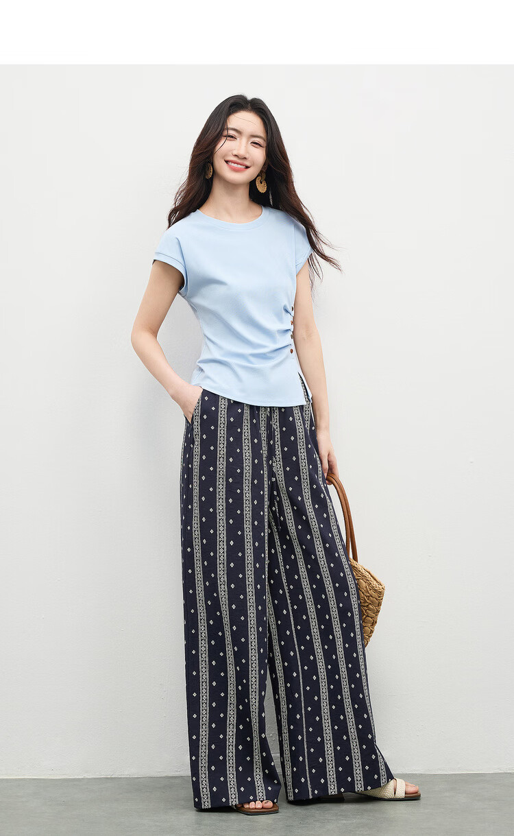 Shangdubila Cotton Blend Crew Neck Youthful T-Shirt for Women Spring Summer Side Slit Slim Fit Knitted Top Color-Block Button Pleated Women's Wear 2