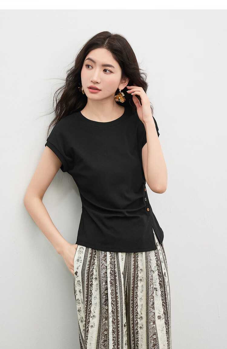 Shangdubila Cotton Blend Crew Neck Youthful T-Shirt for Women Spring Summer Side Slit Slim Fit Knitted Top Color-Block Button Pleated Women's Wear 16