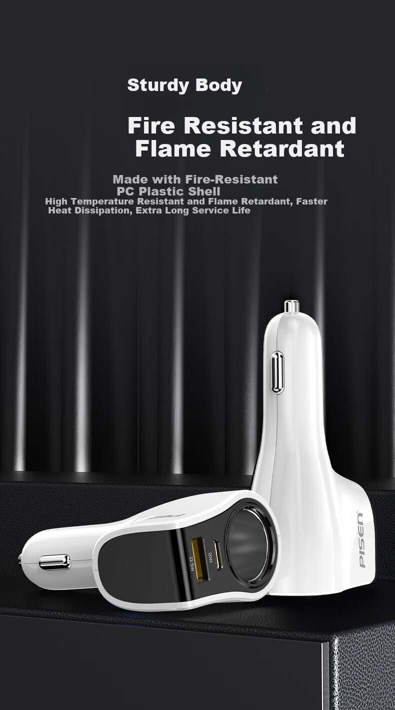 PISEN 65W Car Charger Dual-Port Fast Charging Cigarette Lighter Adapter for Apple 17, Huawei, Xiaomi, Dash Cam, Multi-Function Car Charger 2