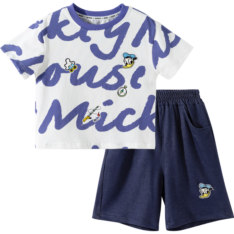 Disney Boys Comfortable Trendy Short Sleeve and Shorts Set Summer New Two-Piece Purple 140
