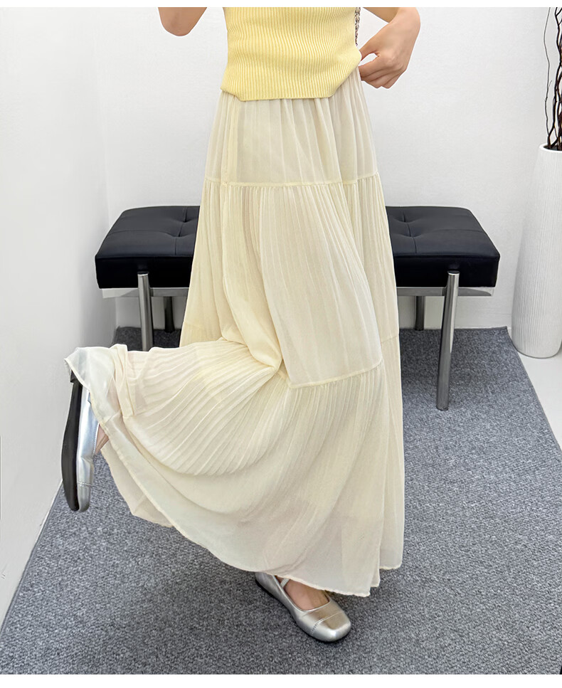 Langsha Pleated Mesh Midi Skirt for Women Spring Summer Draped Chiffon Cake Skirt High Waist Slim A-Line Flared Skirt 28