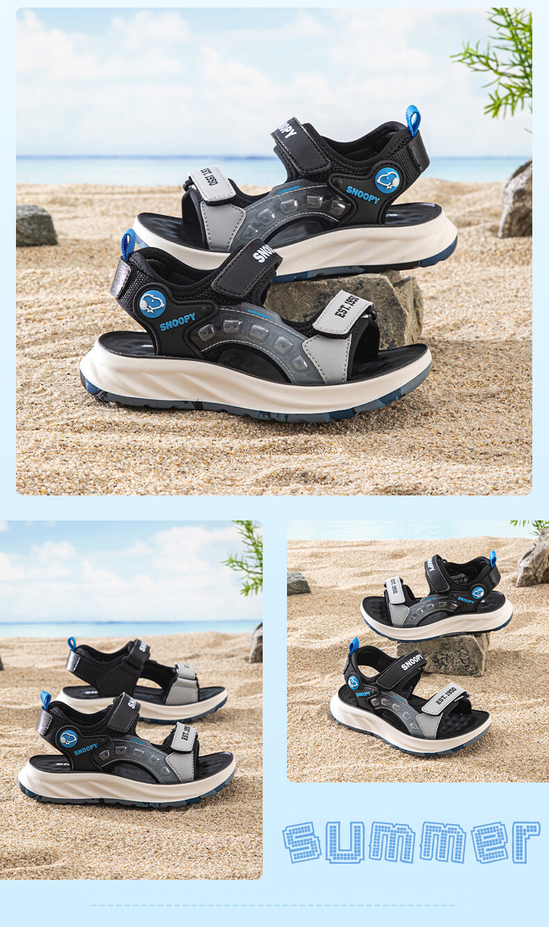 SNOOPY Boys' Beach Sandals Summer Breathable Open-Toe Casual Sandals for Kids 0108 Black Grey Size 33 8